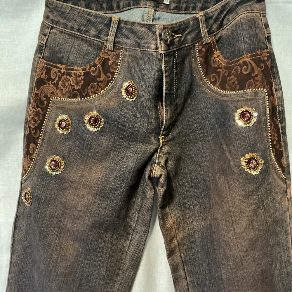 Y2K Embellished Bedazzled Distressed Flare Bottom Jeans Women’s Sz medium - Picture 2 of 6